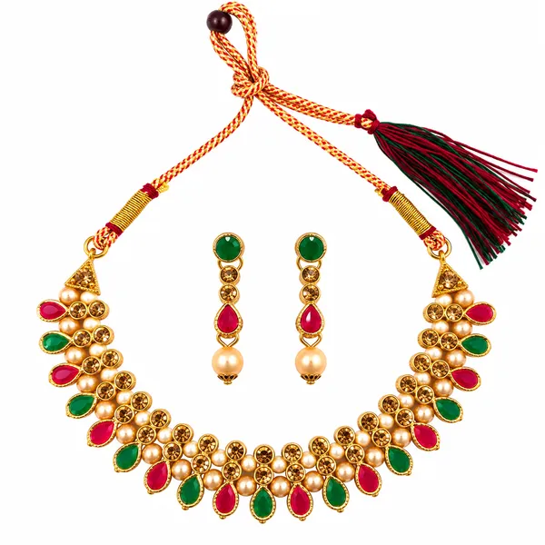 The99jewel_Gold_Plated_Pearl_Crystal_Necklace_Set_For_Women_Traditional_Jewellery_Green_Pink