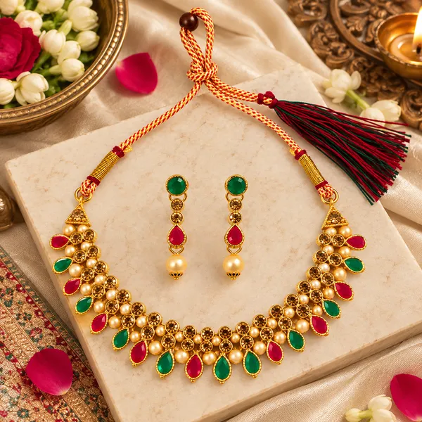 The99jewel_Gold_Plated_Pearl_Crystal_Necklace_Set_For_Women_Traditional_Jewellery_Green_Pink