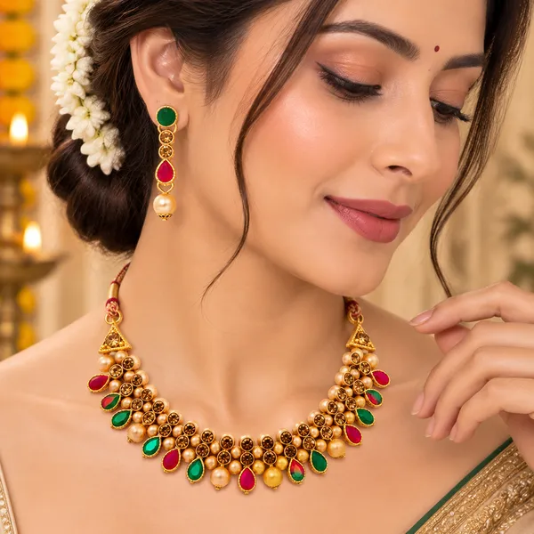 The99jewel_Gold_Plated_Pearl_Crystal_Necklace_Set_For_Women_Traditional_Jewellery_Green_Pink
