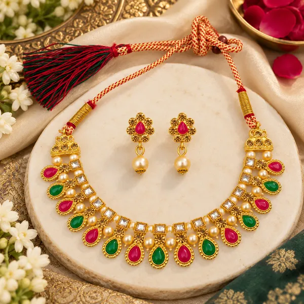 The99jewel_Gold_Plated_Pearl_Crystal_Necklace_Set_For_Women_Traditional_Jewellery_Green_Pink