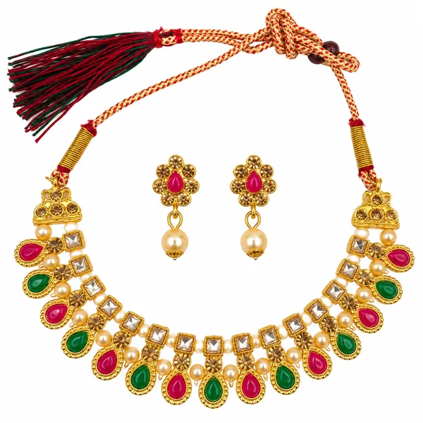 The99jewel_Gold_Plated_Pearl_Crystal_Necklace_Set_For_Women_Traditional_Jewellery_Green_Pink