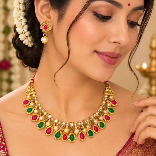 The99jewel_Gold_Plated_Pearl_Crystal_Necklace_Set_For_Women_Traditional_Jewellery_Green_Pink