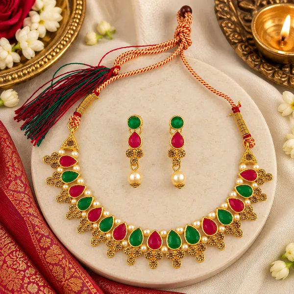 The99jewel_Gold_Plated_Pearl_Crystal_Necklace_Set_For_Women_Traditional_Jewellery_Green_Pink