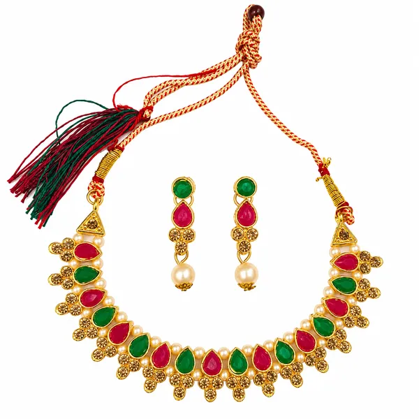 The99jewel_Gold_Plated_Pearl_Crystal_Necklace_Set_For_Women_Traditional_Jewellery_Green_Pink