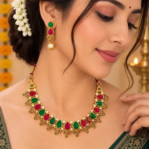 The99jewel_Gold_Plated_Pearl_Crystal_Necklace_Set_For_Women_Traditional_Jewellery_Green_Pink