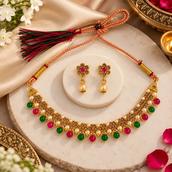 The99jewel_Gold_Plated_Pearl_Crystal_Necklace_Set_For_Women_Traditional_Jewellery_Green_Pink