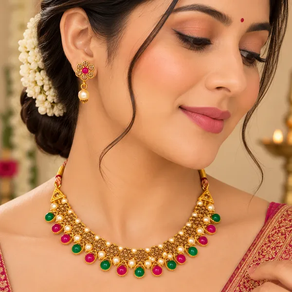 The99jewel_Gold_Plated_Pearl_Crystal_Necklace_Set_For_Women_Traditional_Jewellery_Green_Pink