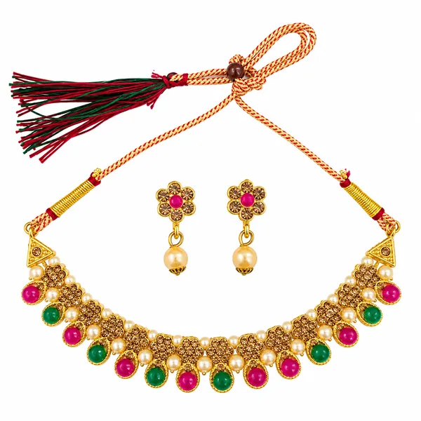 The99jewel_Gold_Plated_Pearl_Crystal_Necklace_Set_For_Women_Traditional_Jewellery_Green_Pink