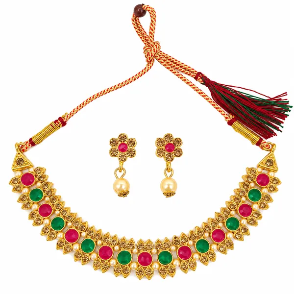 The99jewel_Gold_Plated_Pearl_Crystal_Necklace_Set_For_Women_Traditional_Jewellery_Green_Pink
