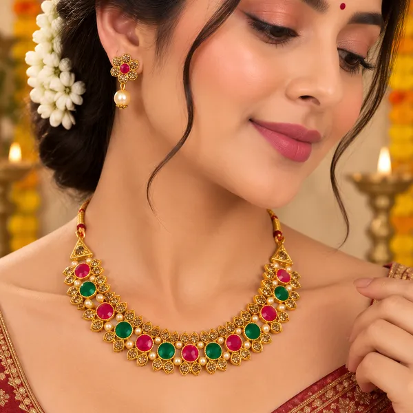 The99jewel_Gold_Plated_Pearl_Crystal_Necklace_Set_For_Women_Traditional_Jewellery_Green_Pink