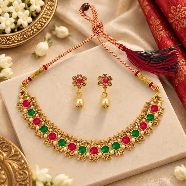 The99jewel_Gold_Plated_Pearl_Crystal_Necklace_Set_For_Women_Traditional_Jewellery_Green_Pink