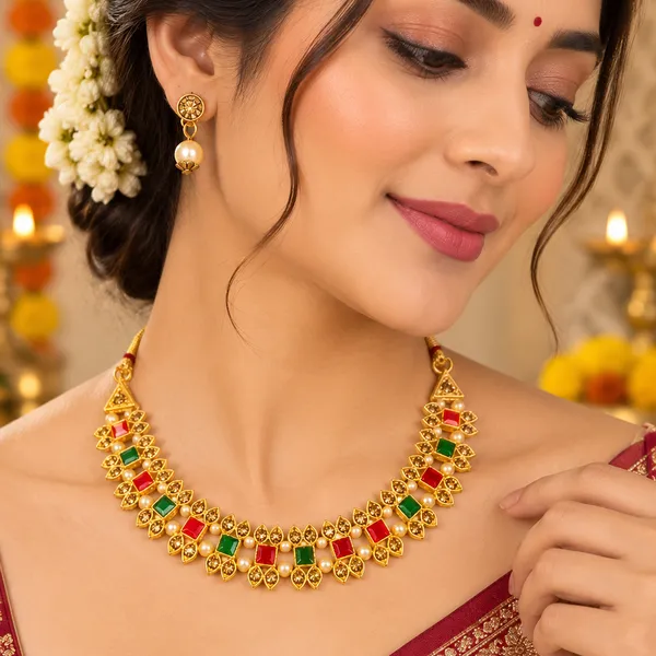 The99jewel_Gold_Plated_Pearl_Crystal_Necklace_Set_For_Women_Traditional_Jewellery_Green_Pink