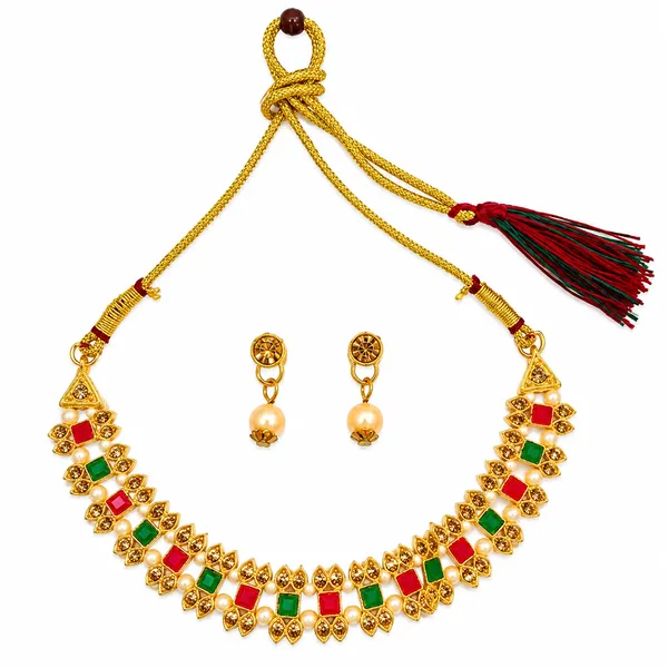 The99jewel_Gold_Plated_Pearl_Crystal_Necklace_Set_For_Women_Traditional_Jewellery_Green_Pink