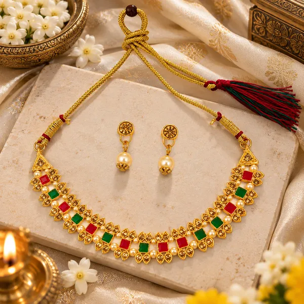 The99jewel_Gold_Plated_Pearl_Crystal_Necklace_Set_For_Women_Traditional_Jewellery_Green_Pink