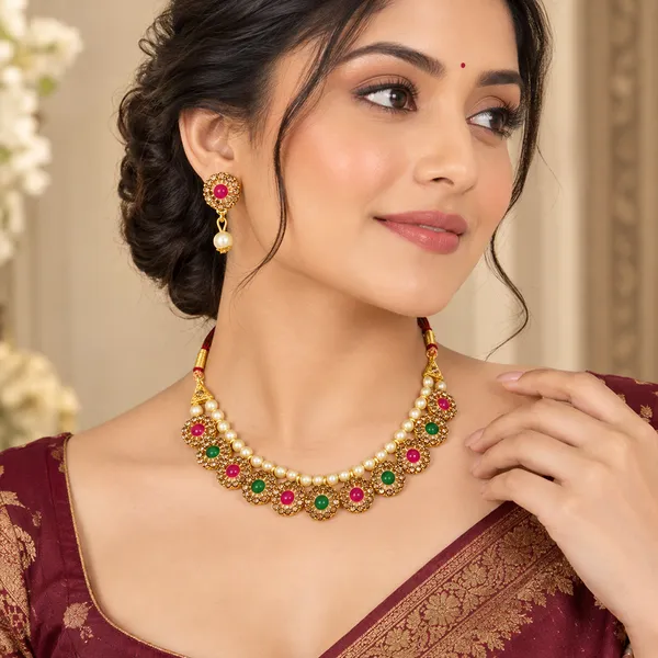 The99jewel_Gold_Plated_Pearl_Crystal_Necklace_Set_For_Women_Traditional_Jewellery_Green_Pink