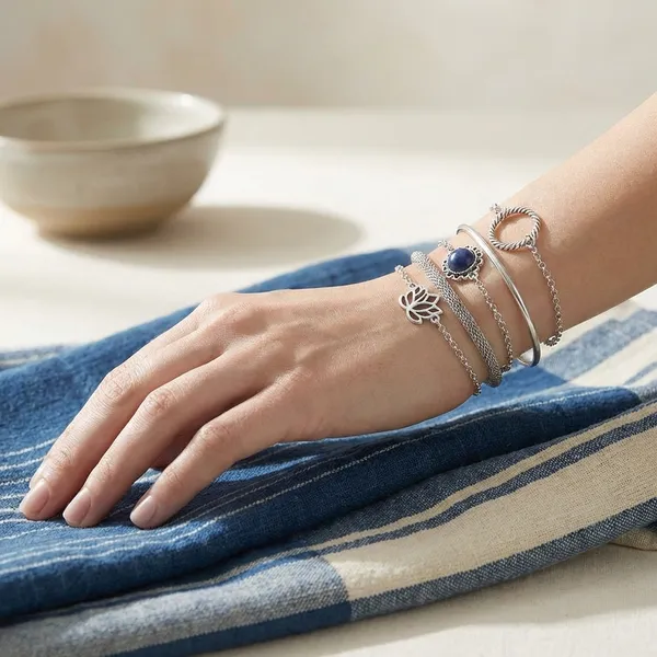Silver-Toned_Boho_Multi-Layer_Bracelet_Set_With_Lotus_Charm
