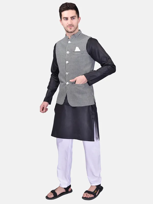 Men's_Black_Kurta_Pajama_With_Checkered_Nehru_Jacket_-_3_Piece_Ethnic_Set