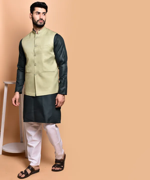 Men's_Ethnic_Nehru_Jacket_With_Kurta_Pajama_Set_-_Pista_Green_&_Black