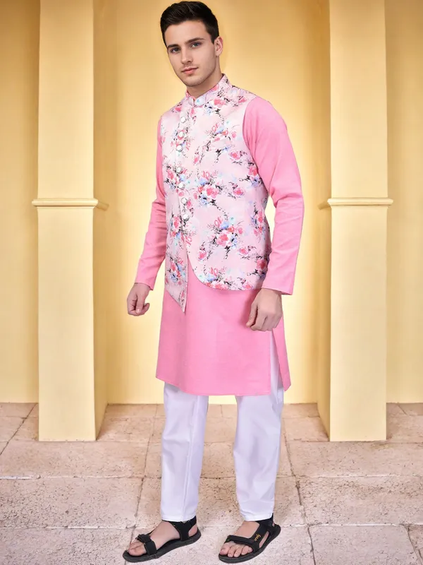 Men's_Pink_Kurta_Pajama_Set_With_Floral_Print_Nehru_Jacket