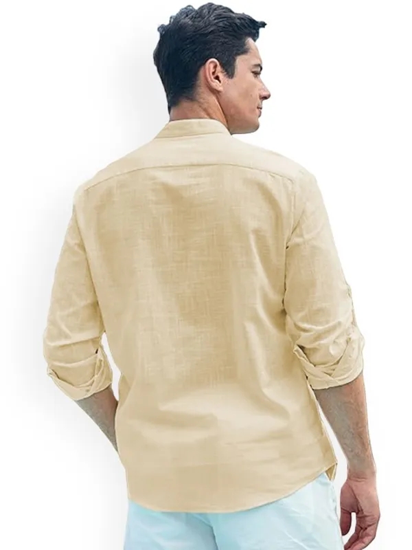 Men's_Cream_Linen_Kurta_With_Mandarin_Collar_And_Wooden_Buttons