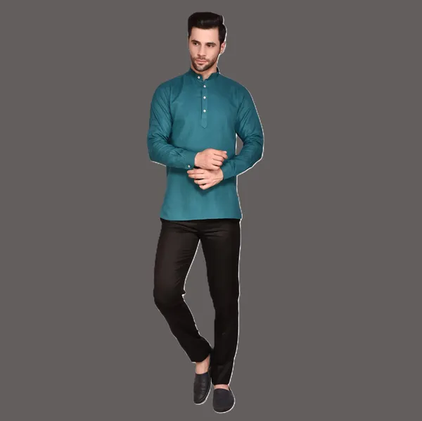 Men's_Teal_Blue_Short_Kurta_With_Mandarin_Collar