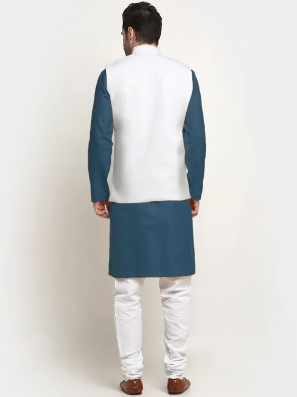 Men's_White_Nehru_Jacket_With_Teal_Blue_Kurta_Pajama_Set