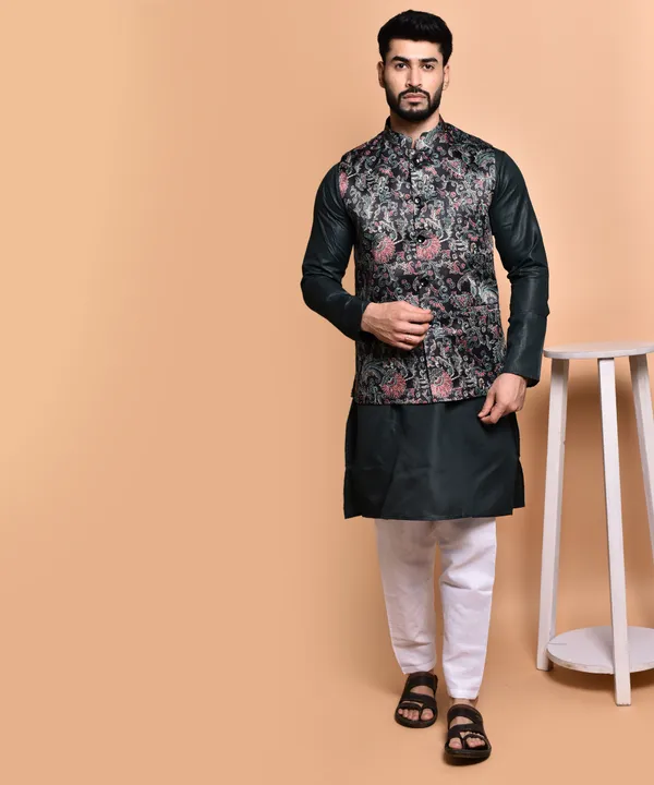 Men's_Black_Kurta_With_Floral_Print_Nehru_Jacket_And_White_Churidar_Set