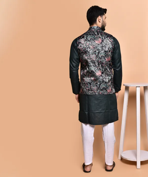 Men's_Black_Kurta_With_Floral_Print_Nehru_Jacket_And_White_Churidar_Set