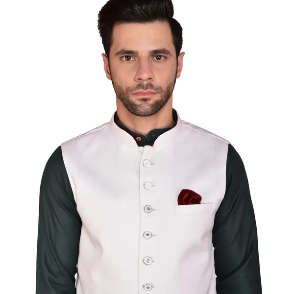 Men's_Ethnic_Nehru_Jacket_Kurta_Set_-_White_Jacket_With_Green_Kurta_Pajama