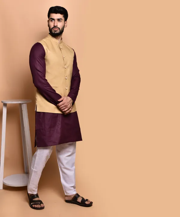Men's_Ethnic_Kurta_Set_With_Nehru_Jacket_-_Maroon_And_Beige