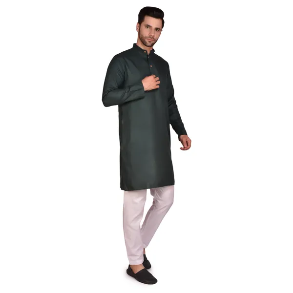 Men's_Dark_Green_Cotton_Kurta_With_White_Pajama_Set_-_Ethnic_Wear_For_Festive_Occasions