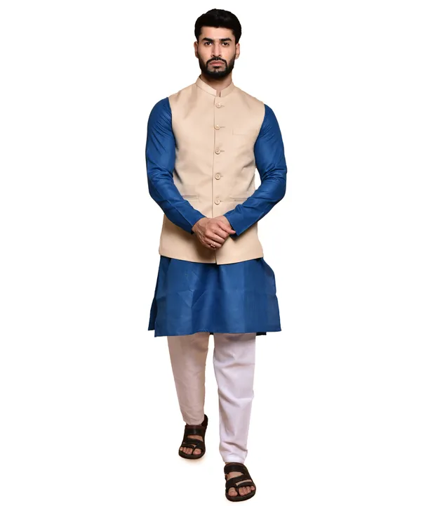 Men's_Blue_Kurta_Pajama_With_Beige_Nehru_Jacket_Set_-_Traditional_Indian_Ethnic_Wear