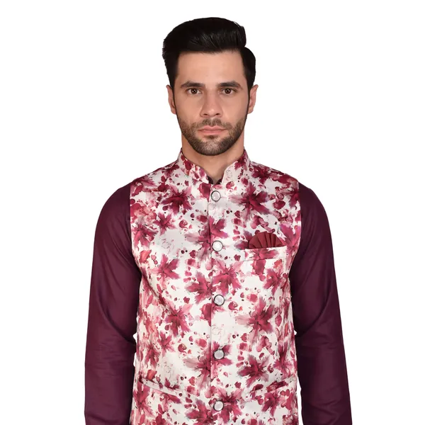 Men's_Maroon_Kurta_With_Floral_Printed_Nehru_Jacket_And_White_Churidar_Set