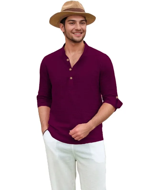 Men's_Maroon_Long_Sleeve_Cotton_Shirt_With_Mandarin_Collar