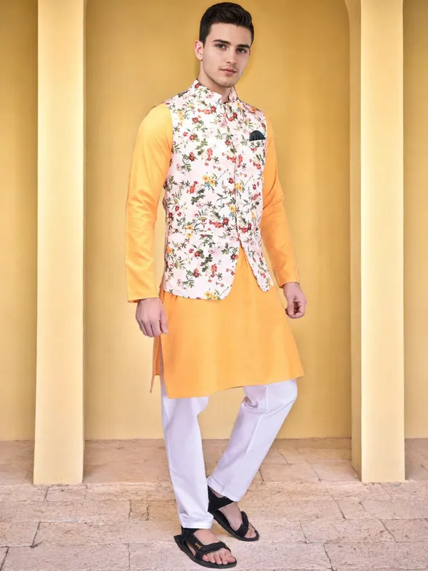 Men's_Floral_Print_Nehru_Jacket_With_Orange_Kurta_Set