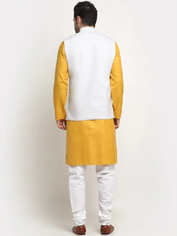 Men'S_Yellow_Kurta_With_White_Nehru_Jacket_Set_-_Ethnic_Wear_Combo