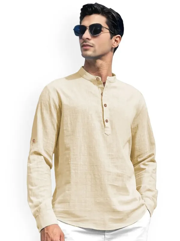 Men's_Beige_Linen_Blend_Long_Sleeve_Casual_Shirt_With_Mandarin_Collar