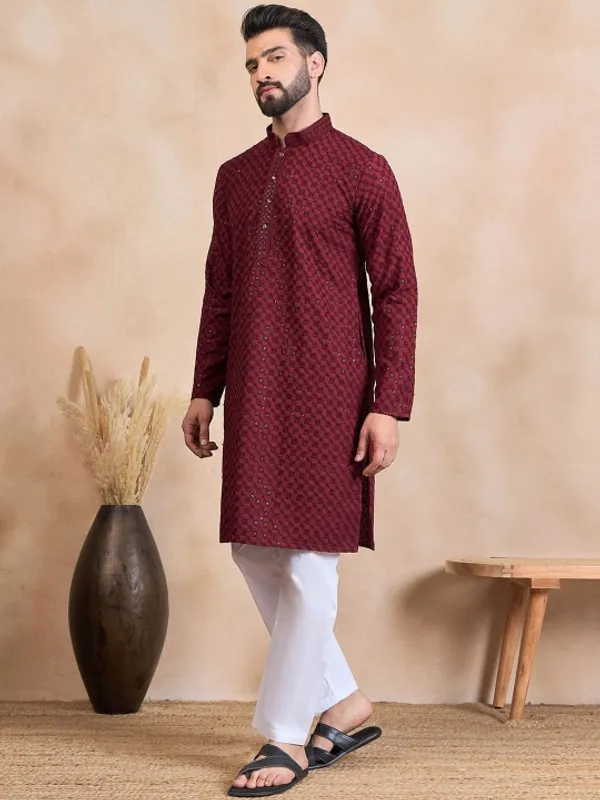 Men's_Maroon_Embroidered_Kurta_With_White_Pajama_Set