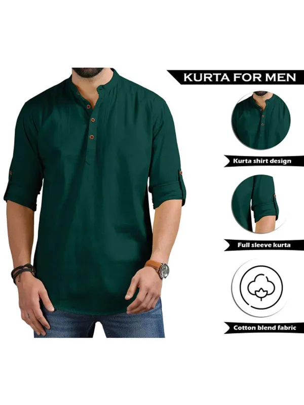 Men's_Bottle_Green_Short_Kurta_With_Mandarin_Collar
