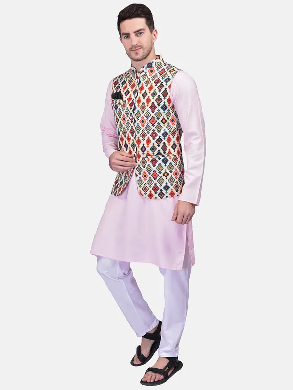 Men's_Ethnic_Kurta_Pajama_Set_With_Printed_Nehru_Jacket_-_Light_Pink_With_Multicolor_Geometric_Print