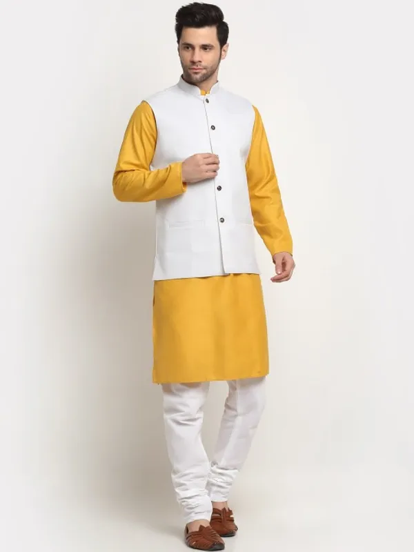 Men'S_Yellow_Kurta_With_White_Nehru_Jacket_Set_-_Ethnic_Wear_Combo