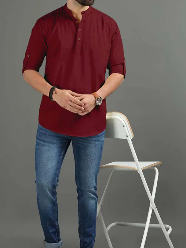 Men's_Maroon_Short_Kurta_With_Band_Collar_And_Roll-Up_Sleeves