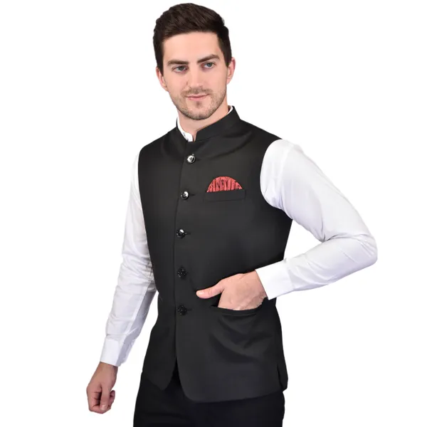 Men's_Black_Nehru_Jacket_With_Red_Pocket_Square