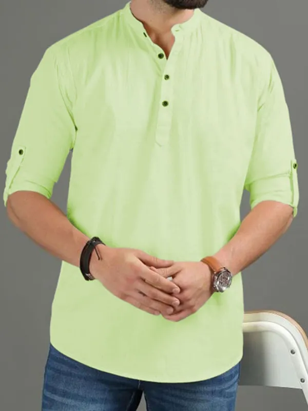 Men'S_Light_Green_Cotton_Short_Kurta_With_Mandarin_Collar