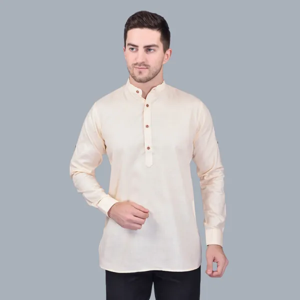 Men's_Beige_Cotton_Short_Kurta_With_Mandarin_Collar