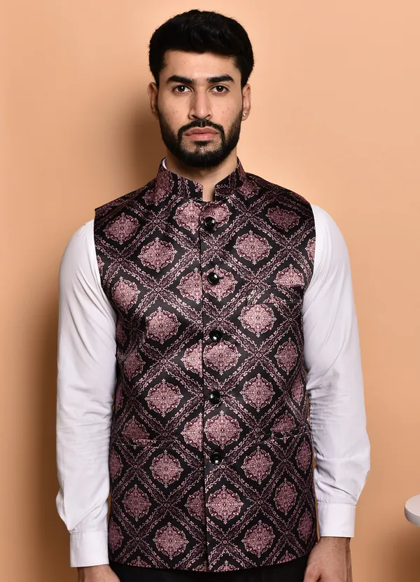 Men's_Ethnic_Nehru_Jacket_With_Printed_Geometric_Design_-_Pink_And_Black