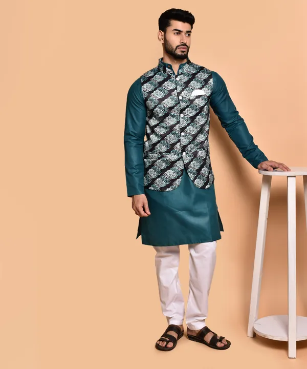 Men's_Teal_Silk_Kurta_With_Embroidered_Nehru_Jacket_Set