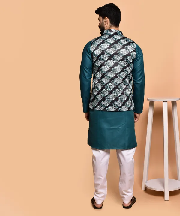 Men's_Teal_Silk_Kurta_With_Embroidered_Nehru_Jacket_Set