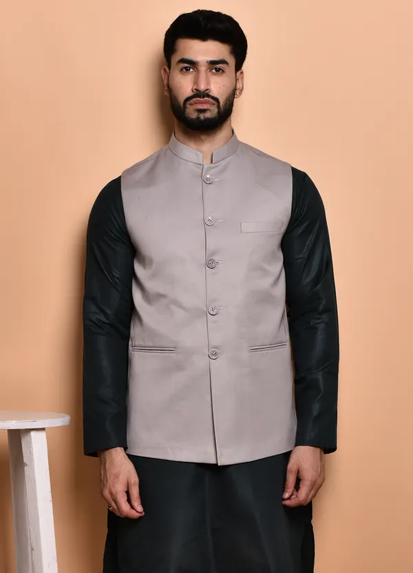 Men's_Grey_Nehru_Jacket_With_Black_Kurta_Pajama_Set_-_Ethnic_Formal_Wear