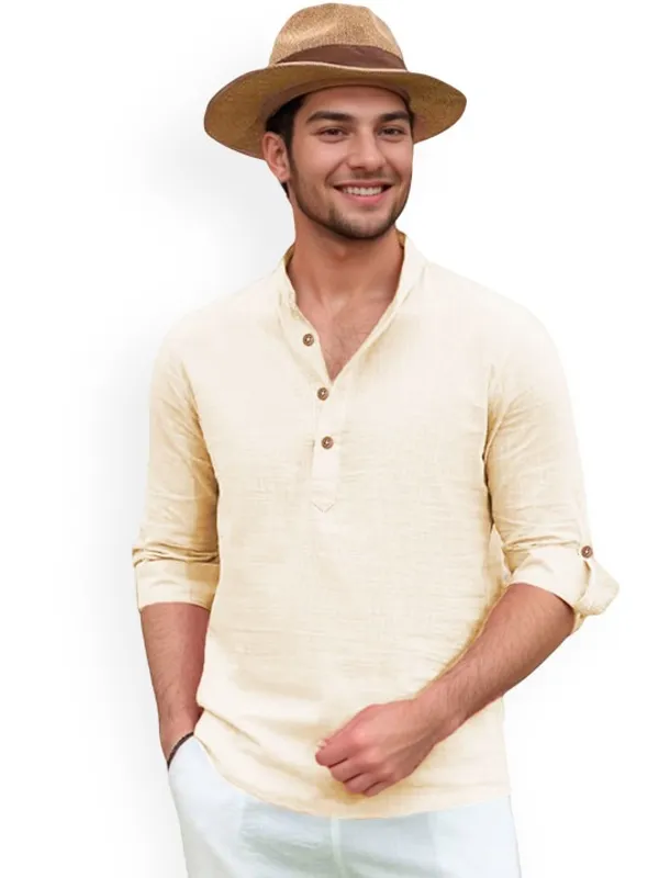Men's_Beige_Linen_Blend_Long_Sleeve_Casual_Shirt_With_Mandarin_Collar